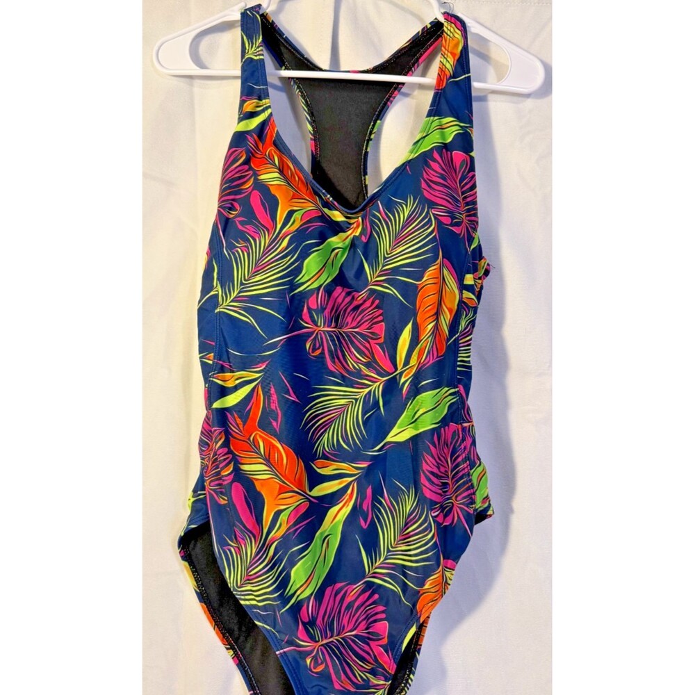 Nicole Miller Tropical One Piece Swimsuit Tank Suit Navy Cottage Women's Large